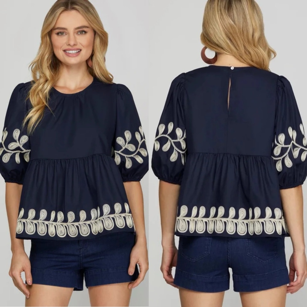 NWT She + Sky  Embroidered Puff Sleeve Top